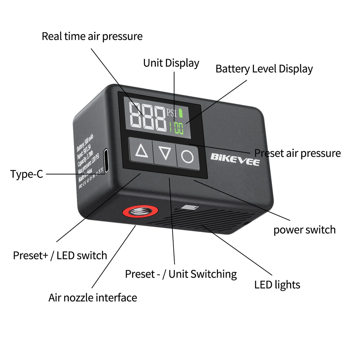 Bikevee Portable Electric Mini Air Pump With Digital Gauge