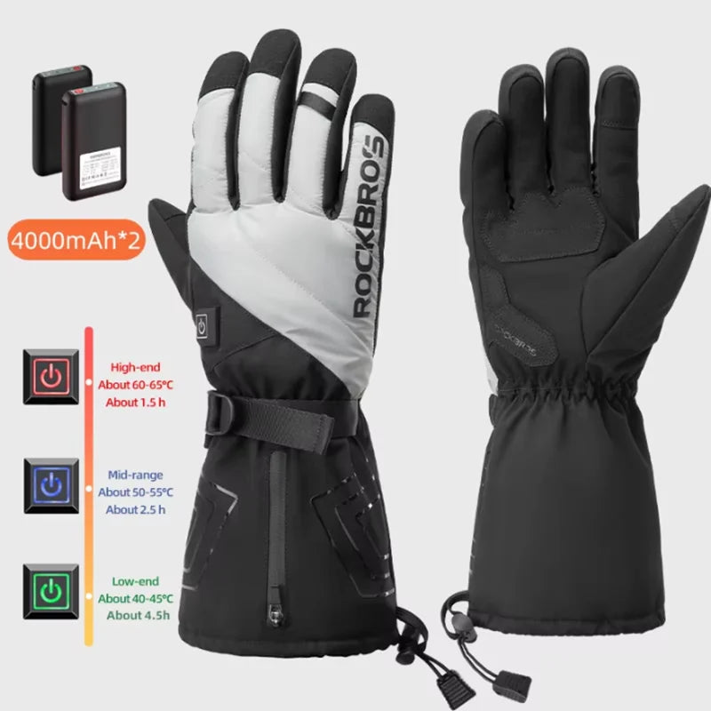 ROCKBROS Heated Ski Gloves Waterproof Touchscreen Winter Rechargeable