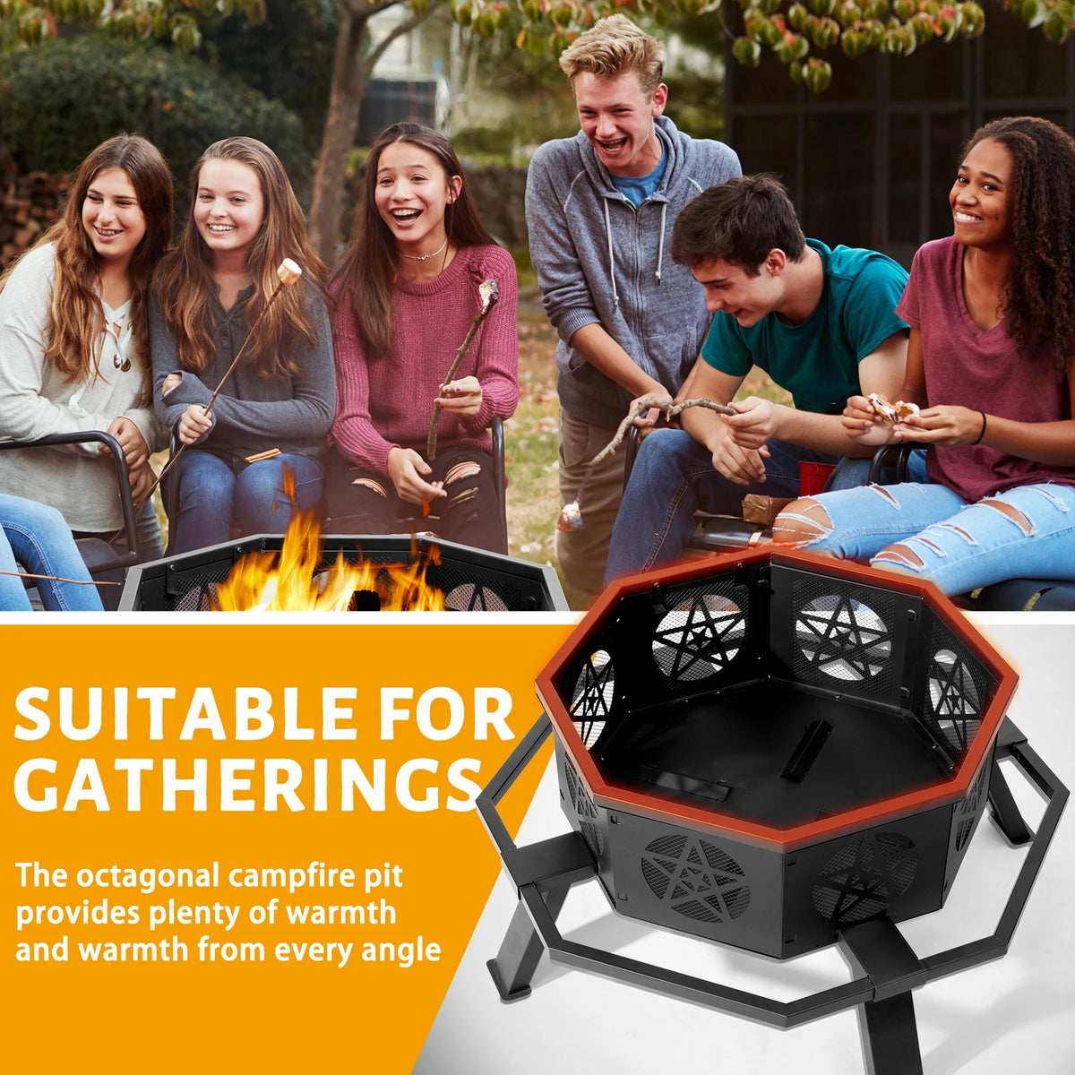 Octagonal Steel Wood Fire Pit Star Cutouts For Patio Garden