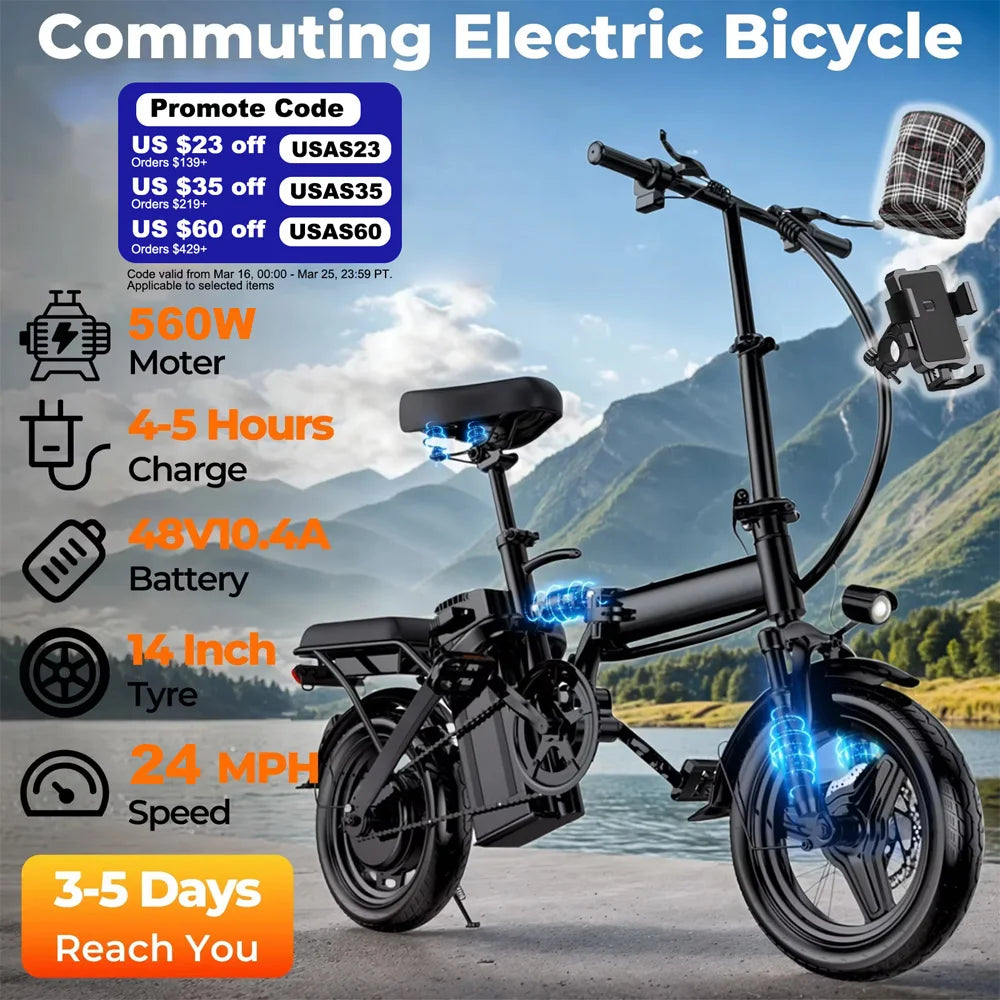 Furider Folding Electric Bike With Removable Battery And Shock Absorption