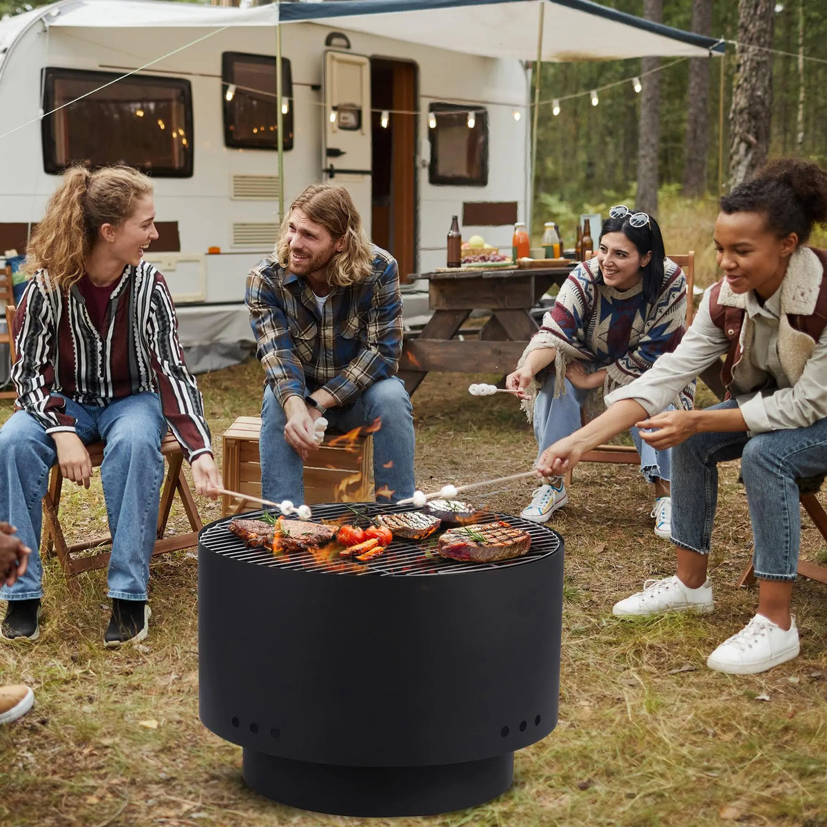 HiMiss Portable Smokeless Wood Fire Pit With Grill And Cover