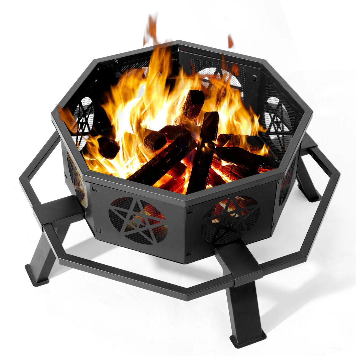 Octagonal Steel Wood Fire Pit Star Cutouts For Patio Garden