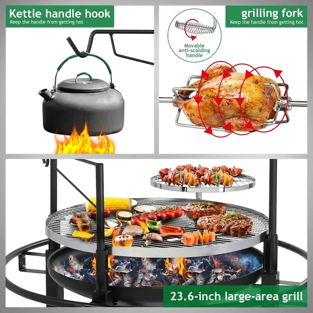 Classic Metal Outdoor Wood Burning Fire Pit With Swivel Barbecue Grill