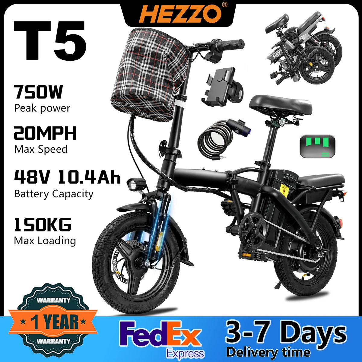 Hezzo T5 Folding Electric Bike 48V 750W Peak Adult Commuter