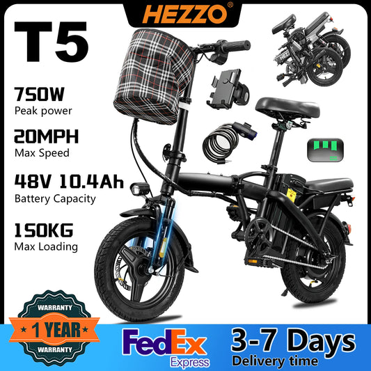 Hezzo T5 Folding Electric Bike 48V 750W Peak Adult Commuter