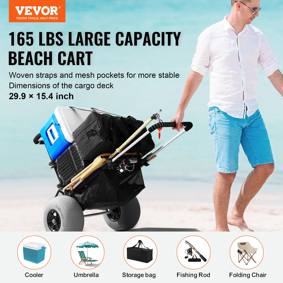 SucceBuy Folding Beach Cart With Balloon Wheels For Sand