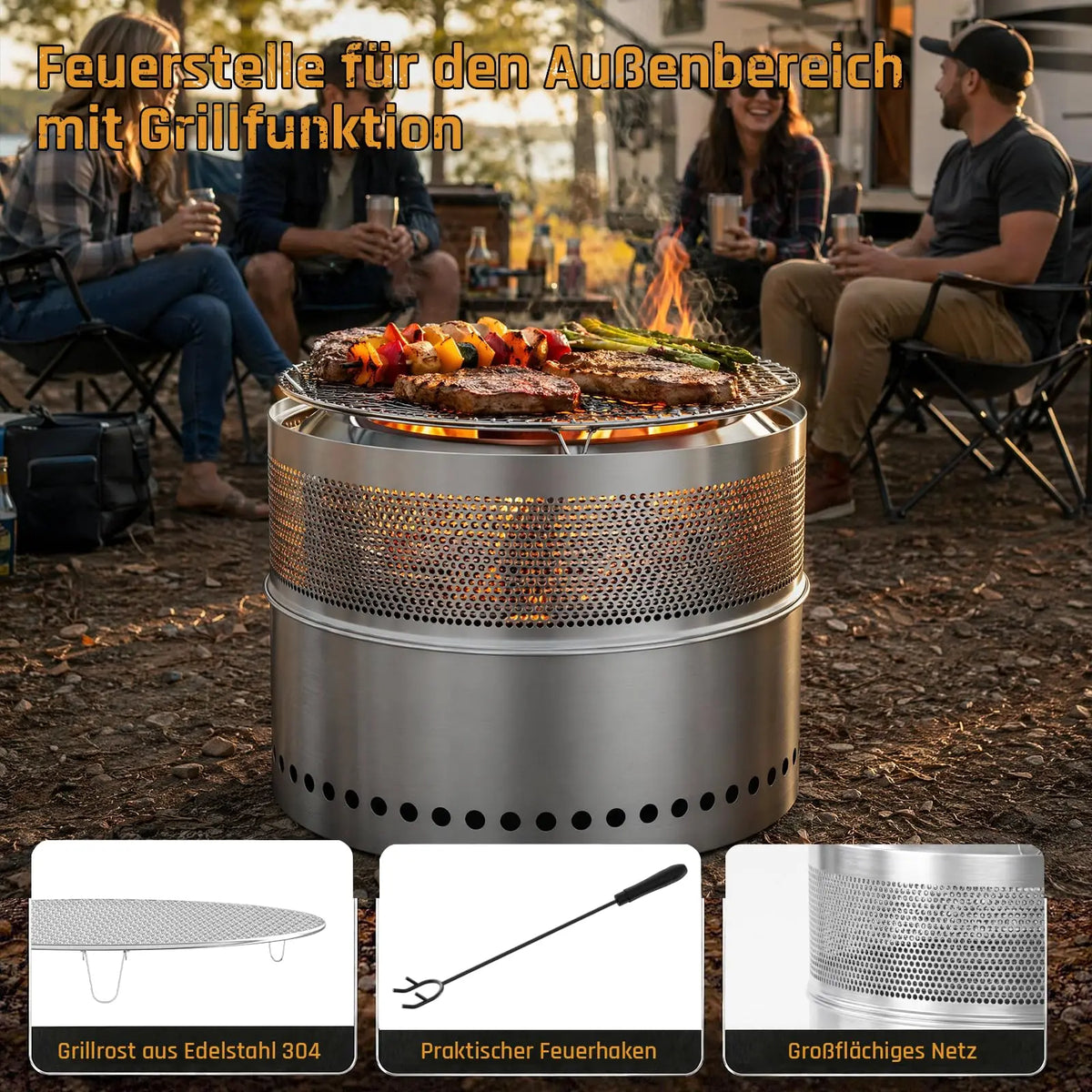 Smokeless Stainless Steel Fire Pit With Grill And Ash Pan