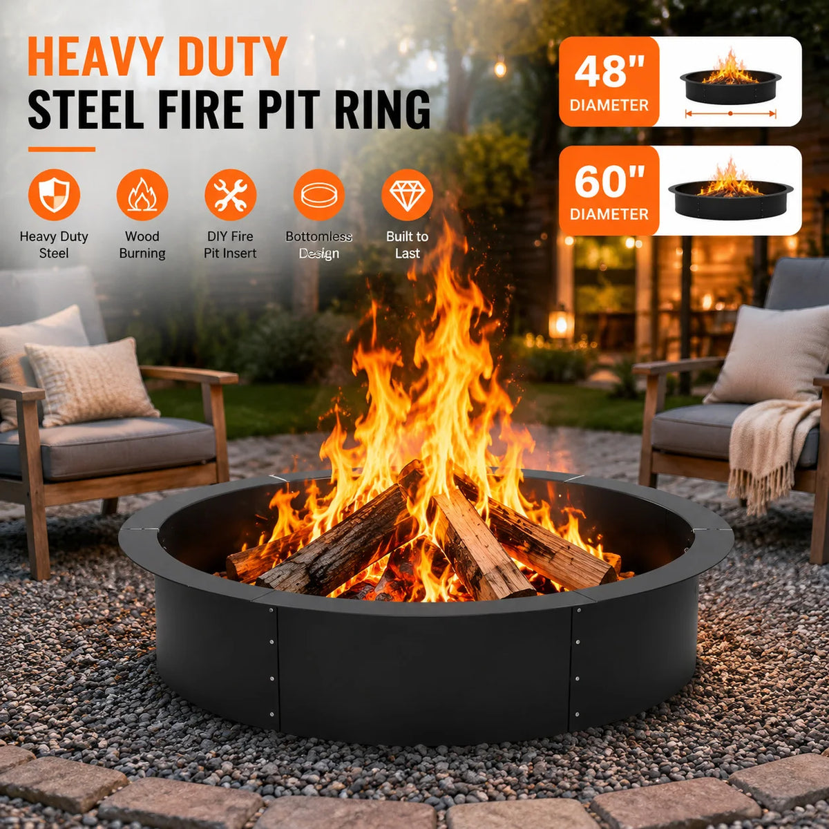 Heavy Duty Steel Fire Pit Ring Liner Outdoor Wood Burning