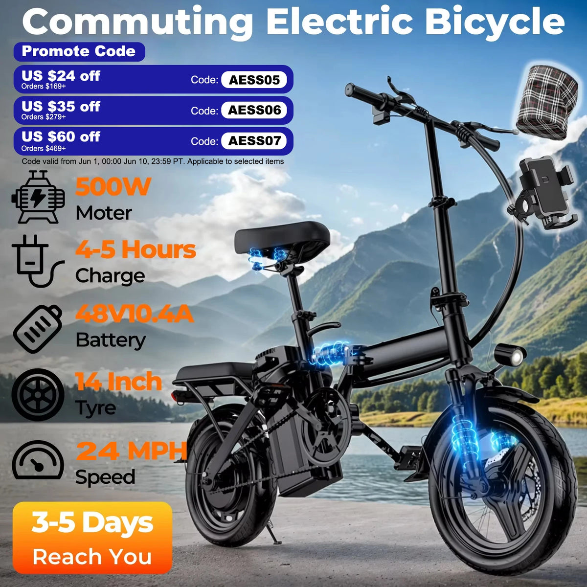 Furider Folding Electric Bike With Removable Battery And Shock Absorption