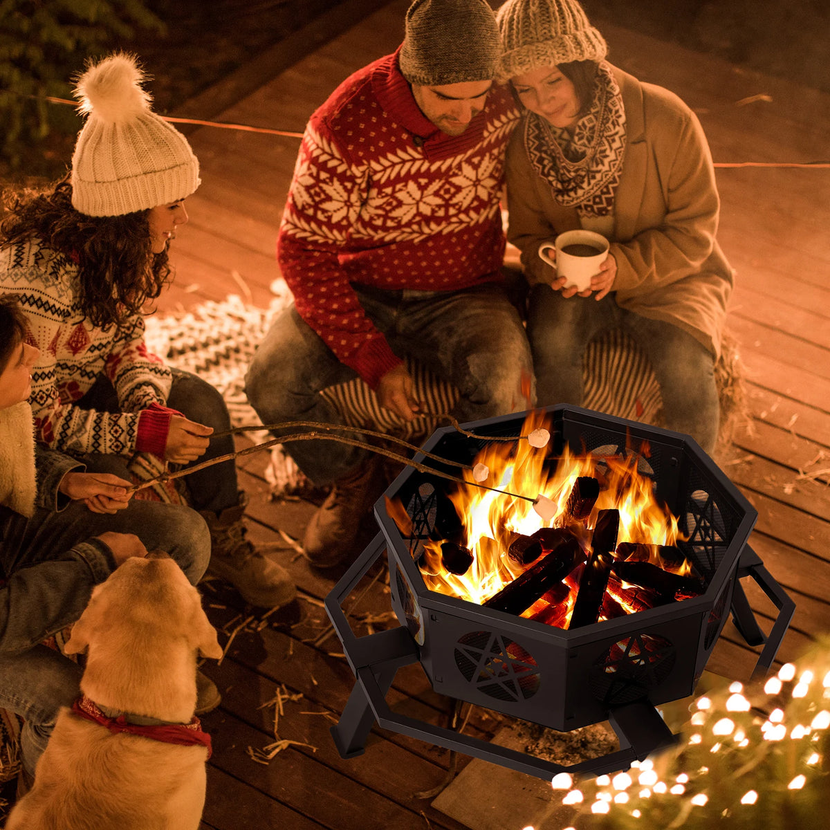 Octagonal Steel Wood Fire Pit Star Cutouts For Patio Garden