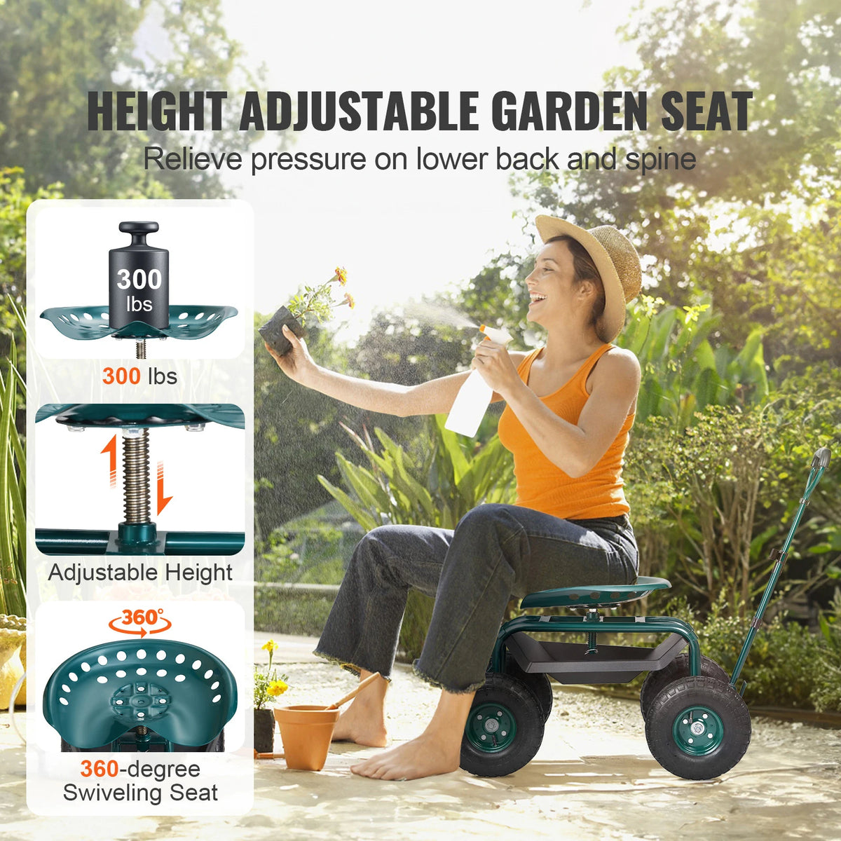 SucceBuy Rolling Garden Cart Seat With Swivel Wheels
