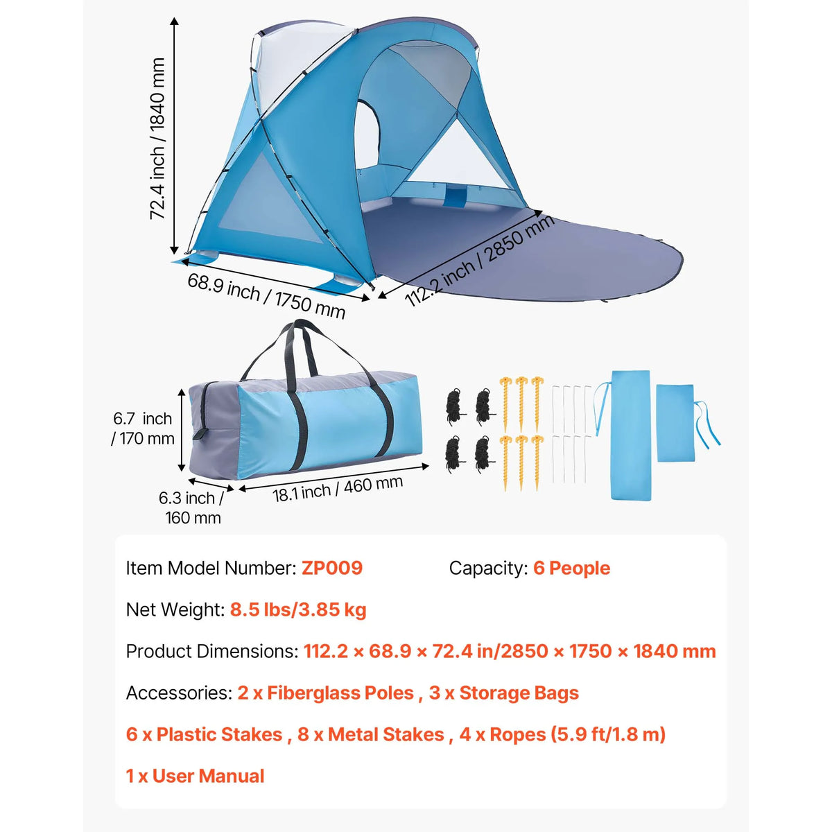 VEVOR 6 Person Portable Beach Sun Shelter with Carry Bag