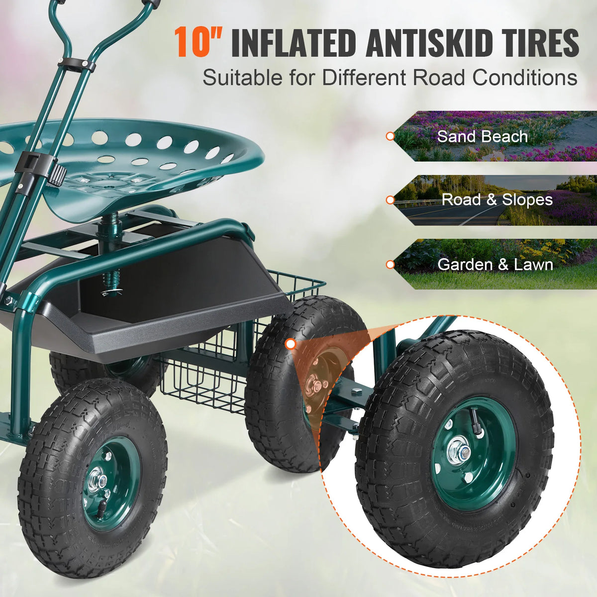 SucceBuy Rolling Garden Cart Seat With Swivel Wheels