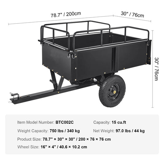 Heavy Duty Steel ATV Dump Trailer Tow Behind Garden Cart