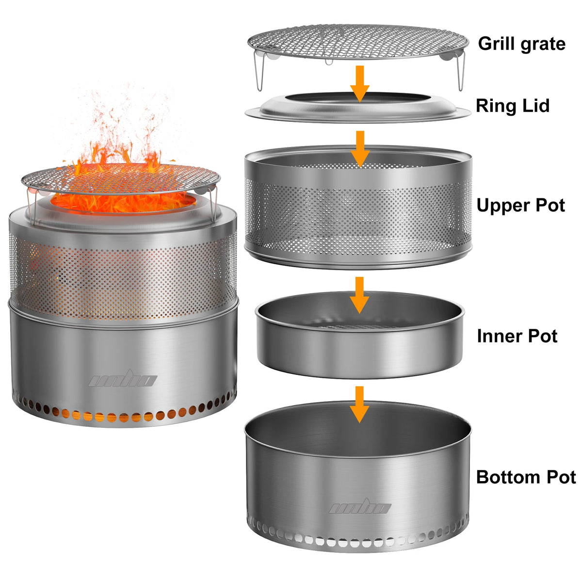 Portable Smokeless Stainless Steel Fire Pit With Grill Grate