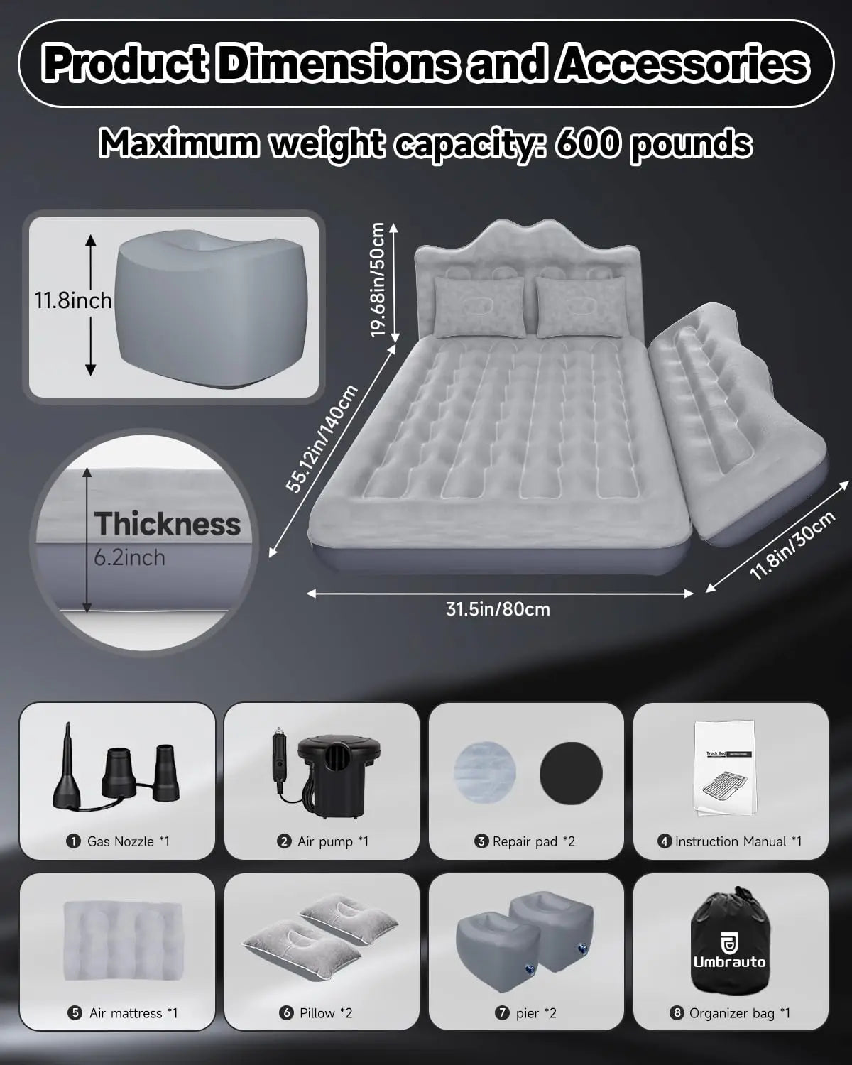 Umbrauto Inflatable Car Air Mattress With Pump And Pillows