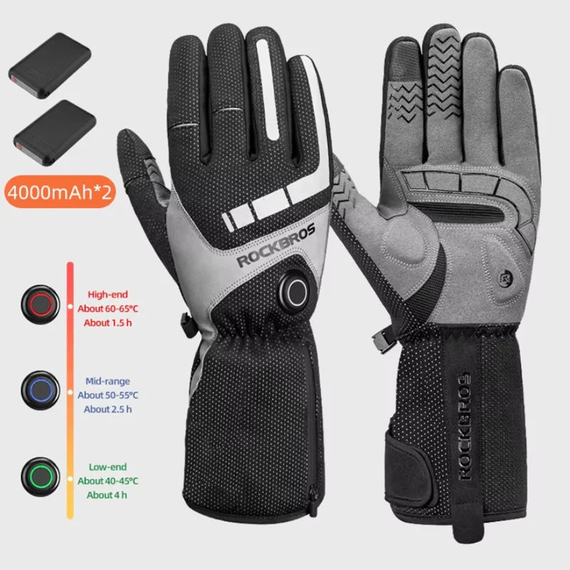 ROCKBROS Heated Ski Gloves Waterproof Touchscreen Winter Rechargeable