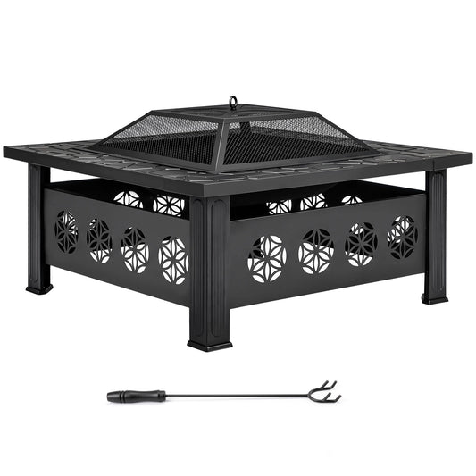 Wrought Iron Fire Pit Table With Pyramid Spark Screen Lid
