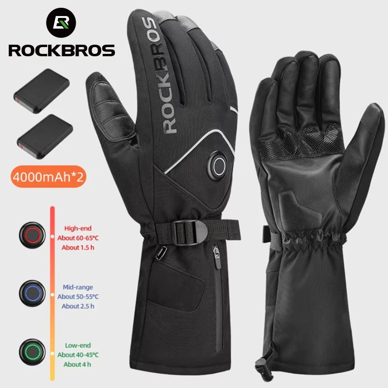 ROCKBROS Heated Ski Gloves Waterproof Touchscreen Winter Rechargeable