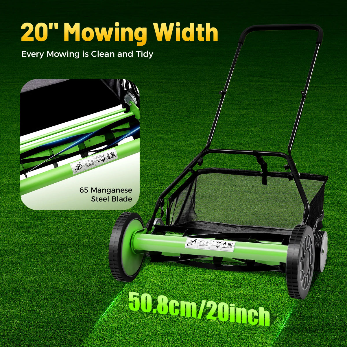 Adjustable Manual Reel Lawn Mower With Grass Catcher