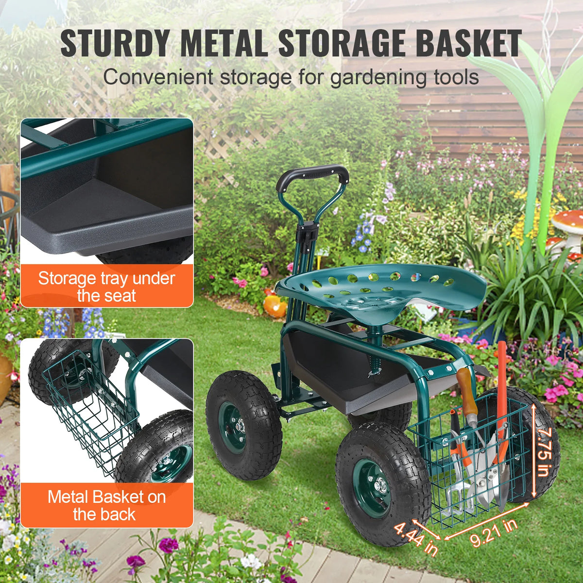 SucceBuy Rolling Garden Cart Seat With Swivel Wheels