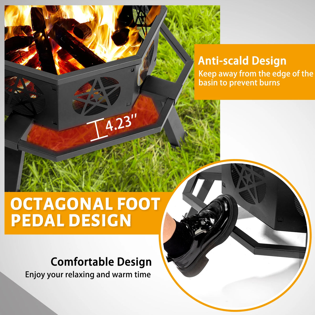 Octagonal Steel Wood Fire Pit Star Cutouts For Patio Garden