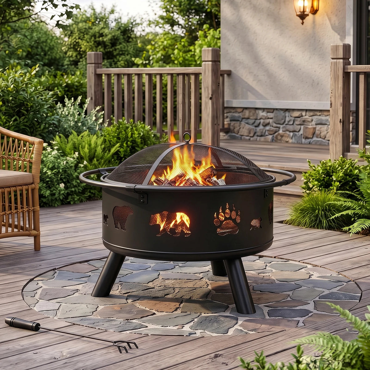 Heavy Wrought Iron Wood Burning Fire Pit With Spark Screen
