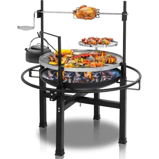 Classic Metal Outdoor Wood Burning Fire Pit With Swivel Barbecue Grill