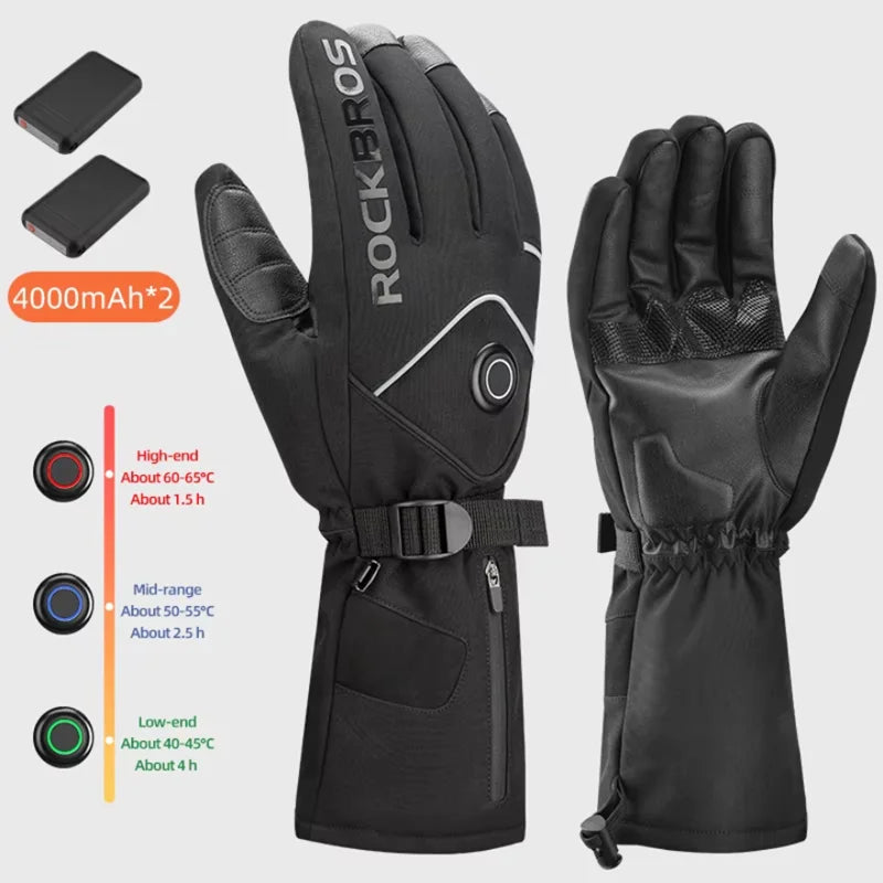ROCKBROS Heated Ski Gloves Waterproof Touchscreen Winter Rechargeable