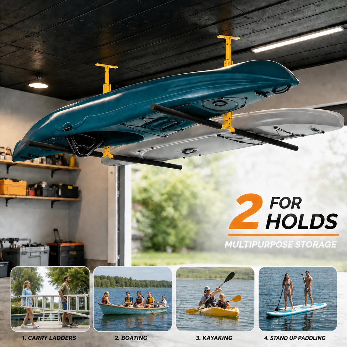 Heavy Duty Kayak Ceiling Storage Rack For Garage Organization