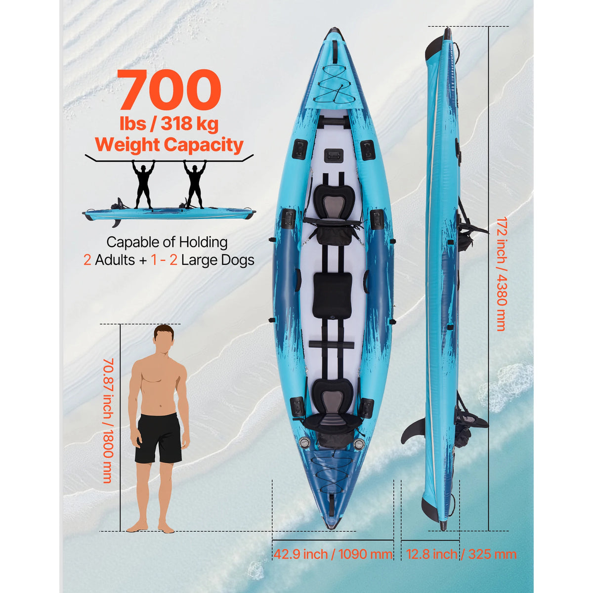 SucceBuy 700LBS Inflatable Kayak 2-Person Inflatable Recreational Kayak Leak & Puncture-Resistant with Padded Seat for Fishing