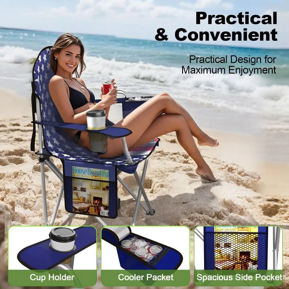 Portable Camping Chair With Cooler Pouch Cup Holder And Storage Bag