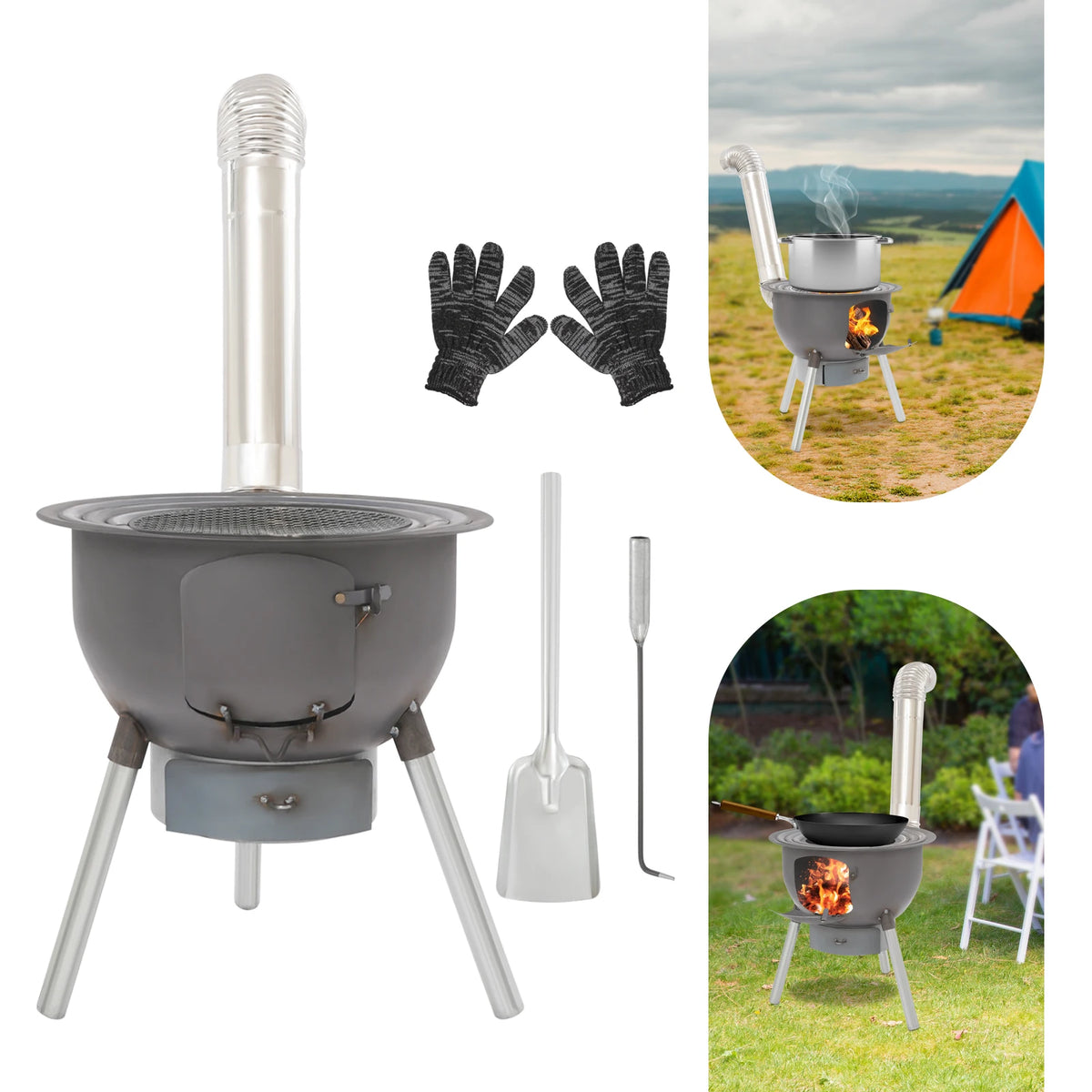 Portable Wood Stove Grill Grate Three Pot Rings Fire Pit
