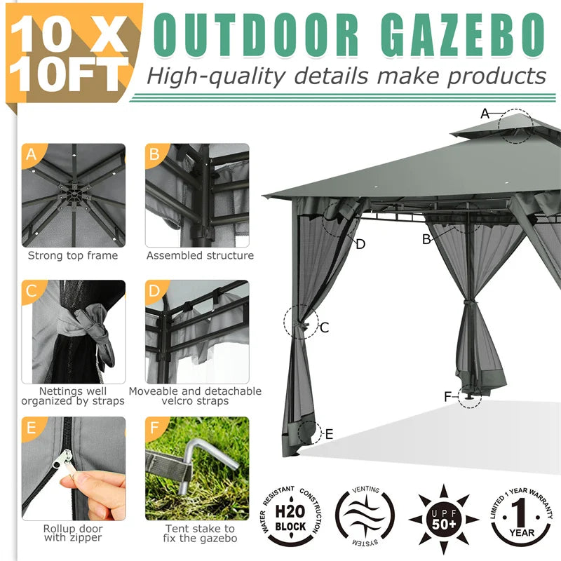 Cobizi Waterproof Outdoor Gazebo With Double Roof And Mosquito Netting