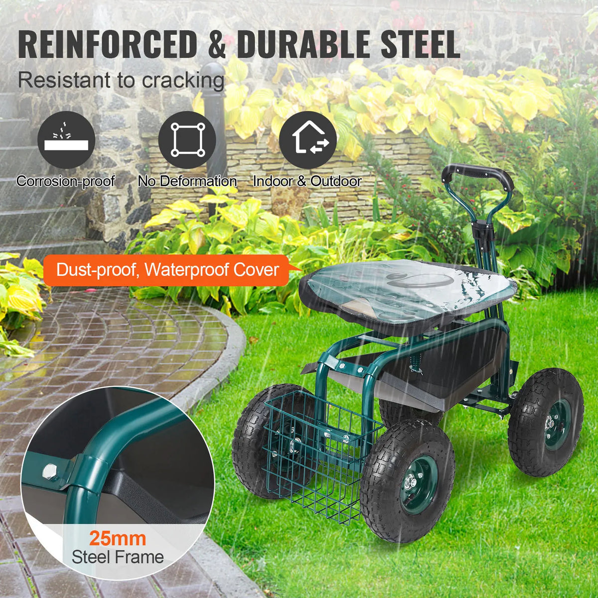 SucceBuy Rolling Garden Cart Seat With Swivel Wheels
