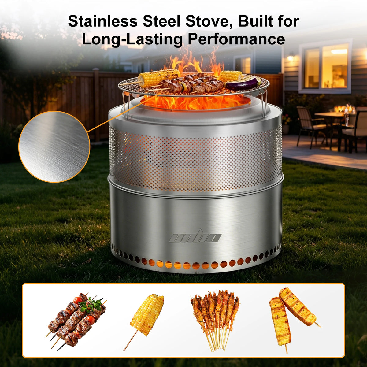 Portable Smokeless Stainless Steel Fire Pit With Grill Grate