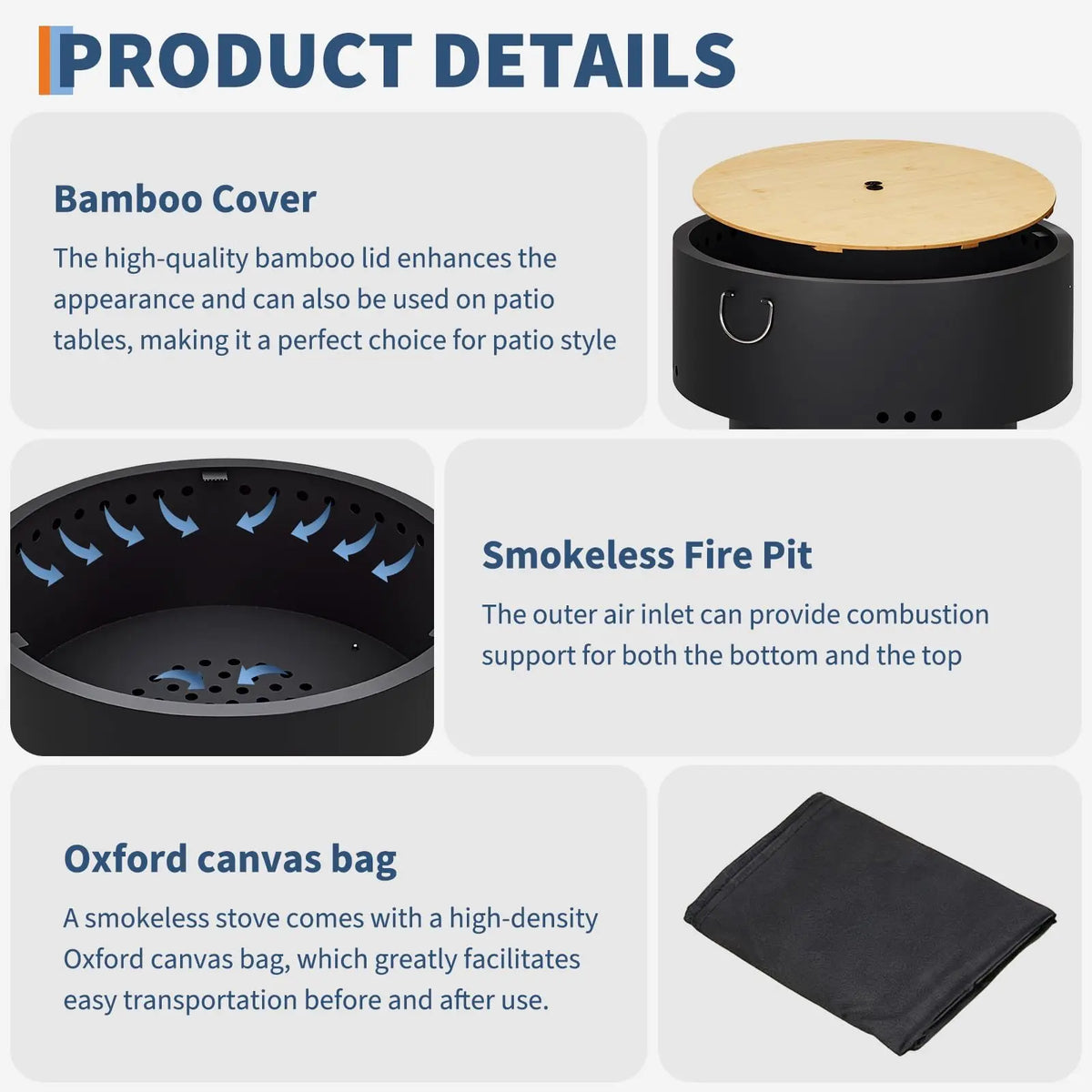 HiMISS Smokeless Outdoor Fire Pit Table With Bamboo Lid