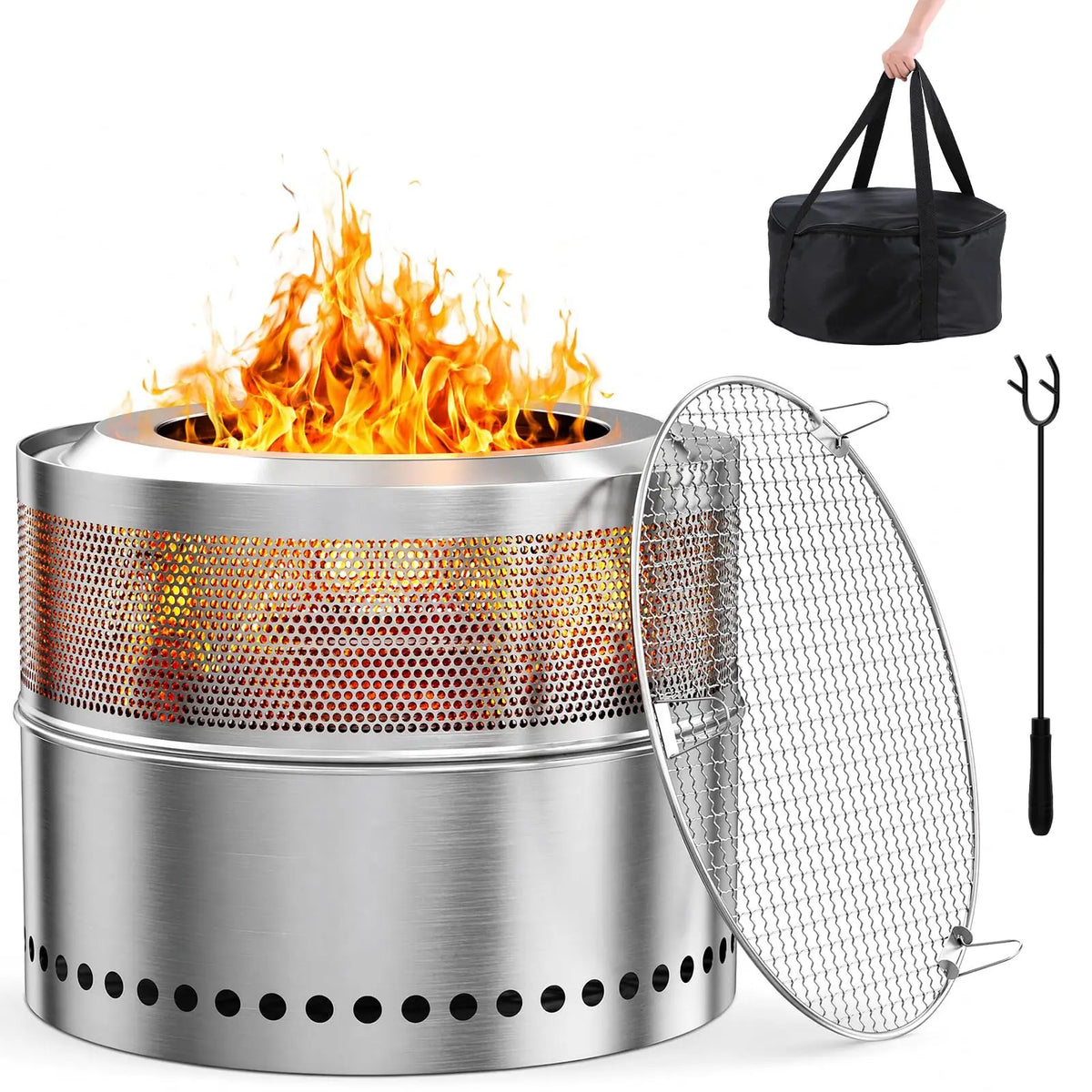 Smokeless Stainless Steel Fire Pit With Grill And Ash Pan