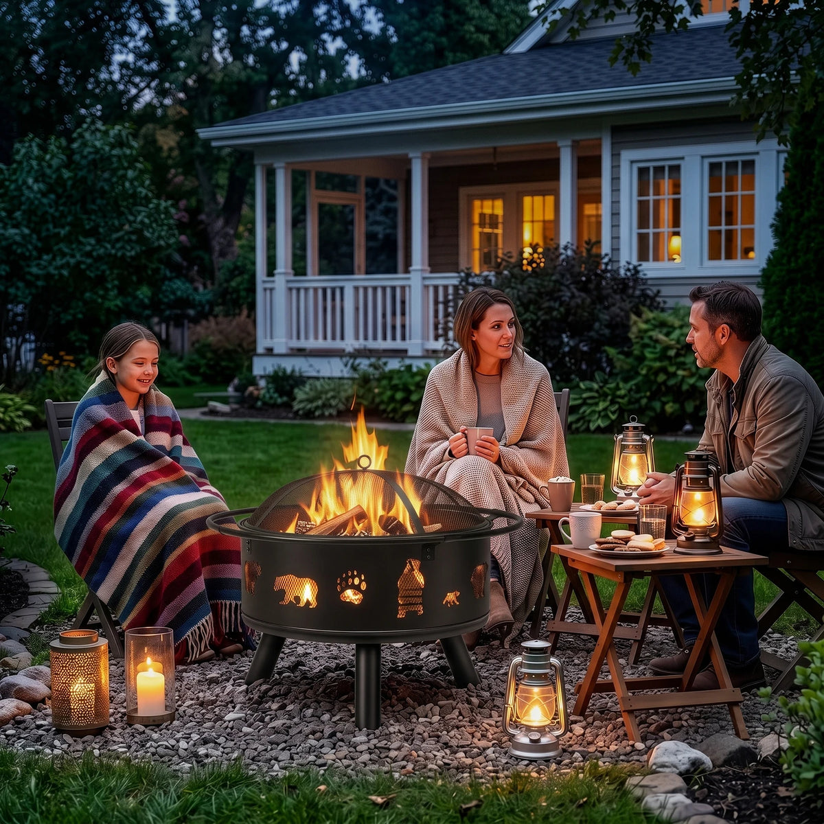 Heavy Wrought Iron Wood Burning Fire Pit With Spark Screen