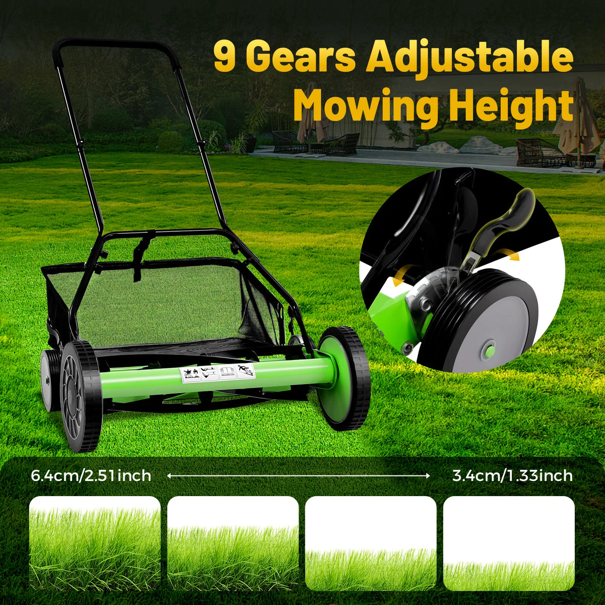 Adjustable Manual Reel Lawn Mower With Grass Catcher